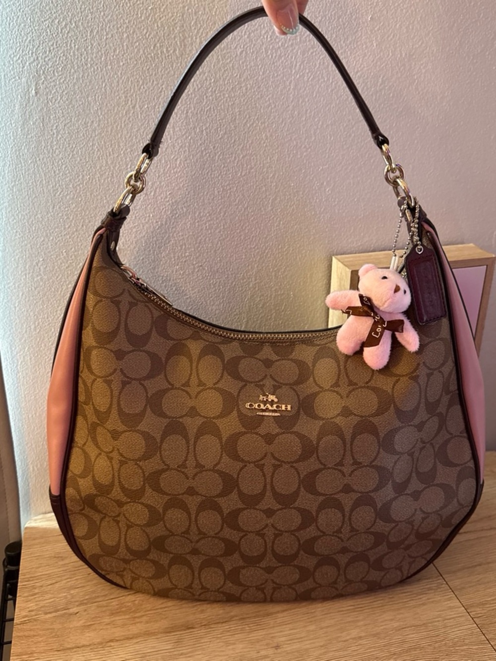 Coach Brown Signature Harley Hobo Bag with Pink Trim